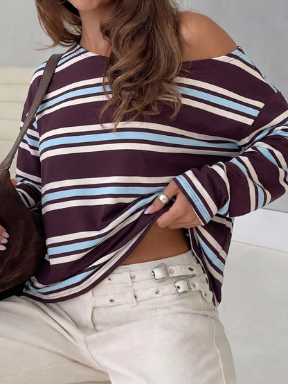 Striped Look-thin Long Sleeves One-shoulder T-Shirts Tops