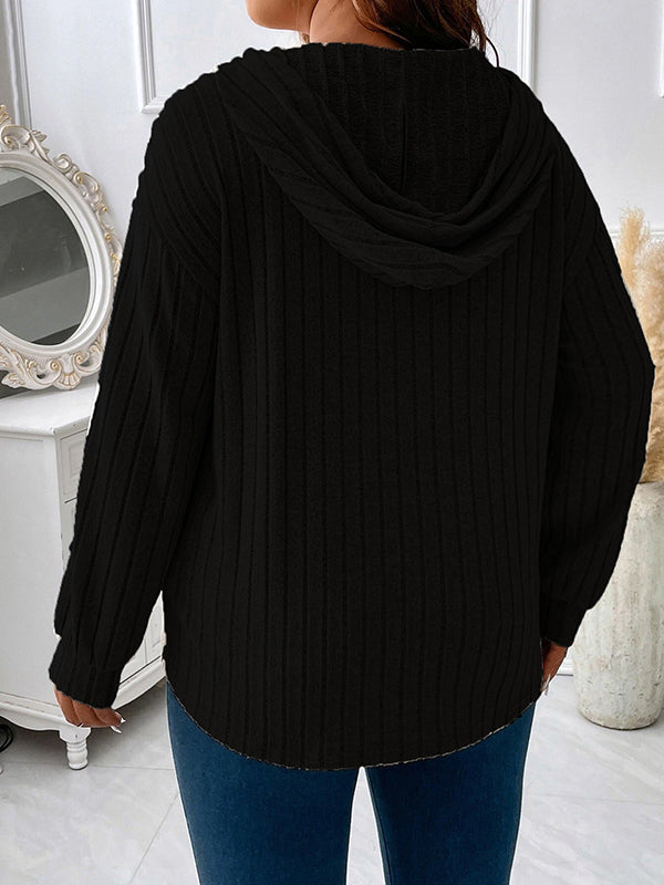 Hooded Long Sleeves Drawstring Solid Color V-Neck T-Shirts Tops