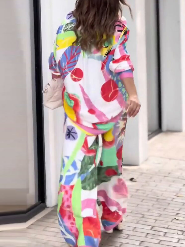 Contrast Color Printed Long Sleeves Buttoned Lapel Blouses Top+ High Waisted Pants Bottom Two Pieces Set