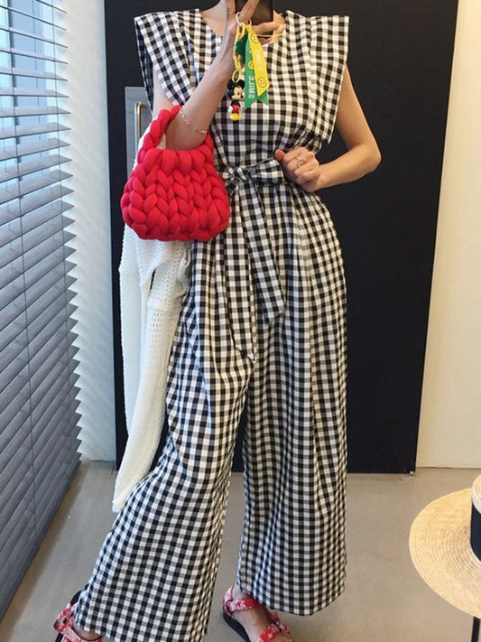 High Waisted Loose Plaid Pockets Tied Waist Round-neck Jumpsuits