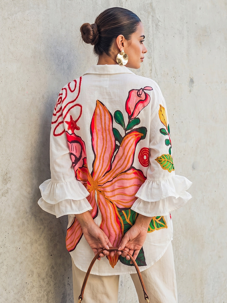 Flared Sleeves High-Low Buttoned Contrast Color Flower Print Lapel Blouses&Shirts Tops