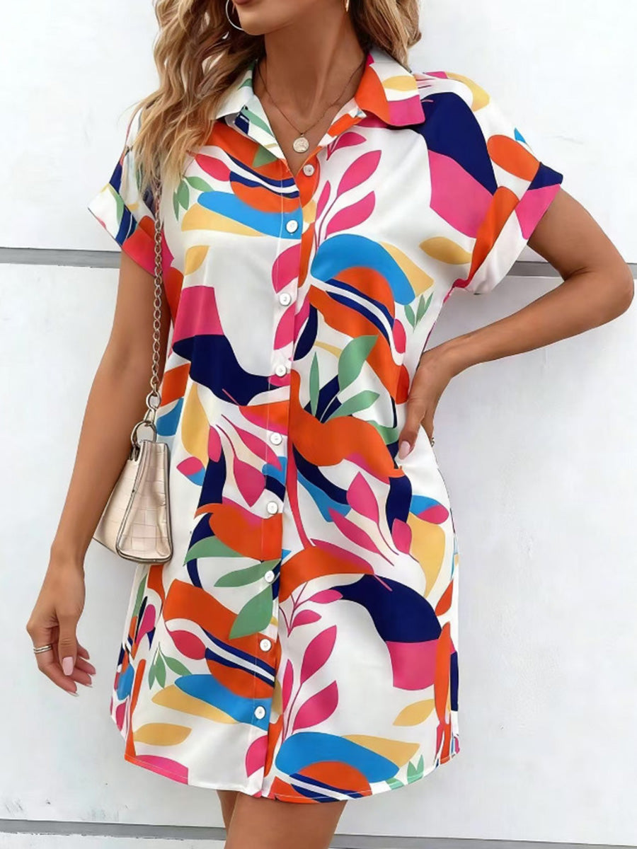 Short Sleeves Buttoned Contrast Color Printed Lapel Mini Dresses Shirt Dress