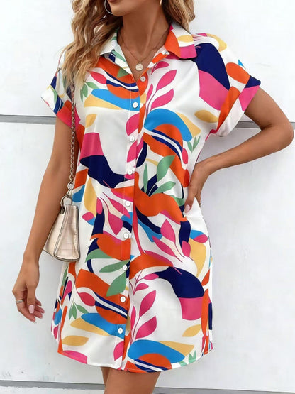 Short Sleeves Buttoned Contrast Color Printed Lapel Mini Dresses Shirt Dress