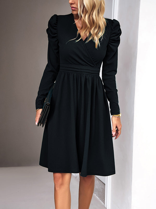 Puff Sleeves Skinny Pleated Solid Color Split-Joint V-Neck Midi Dresses