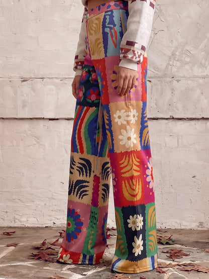 Printed Pockets Buttoned Wide Leg Plus Size Trousers Pants