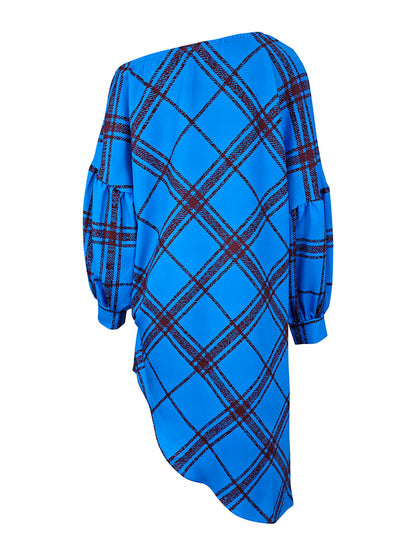 Long Sleeves Puff Sleeves Asymmetric Contrast Color Plaid Pleated One-Shoulder Mini Dresses
