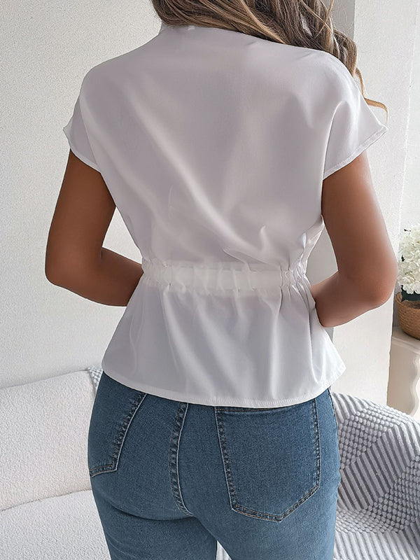Loose Short Sleeves Drawstring Split-Joint Round-Neck Blouses&Shirts Tops