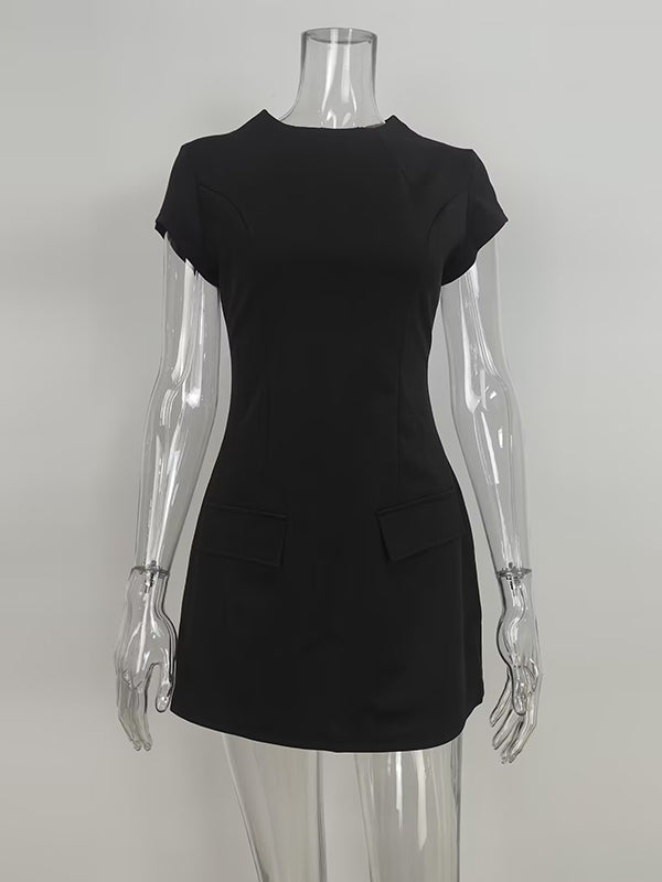 A-Line High Waisted Pockets Solid Color Split-Joint Mock Neck Mini Dresses
