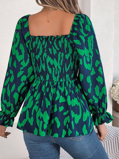 Long Sleeves Puff Sleeves Leopard Pleated Ruffled Square-Neck T-Shirts Tops
