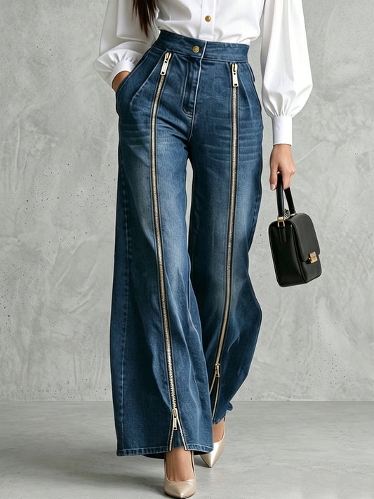 High Waisted Wide Leg Buttoned Pockets Zipper Jean Pants Bottoms