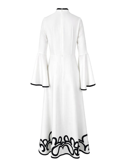 A-Line Flared Sleeves Abstract Printed Contrast Color Hollow Line Split-Joint Stand Collar Maxi Dresses