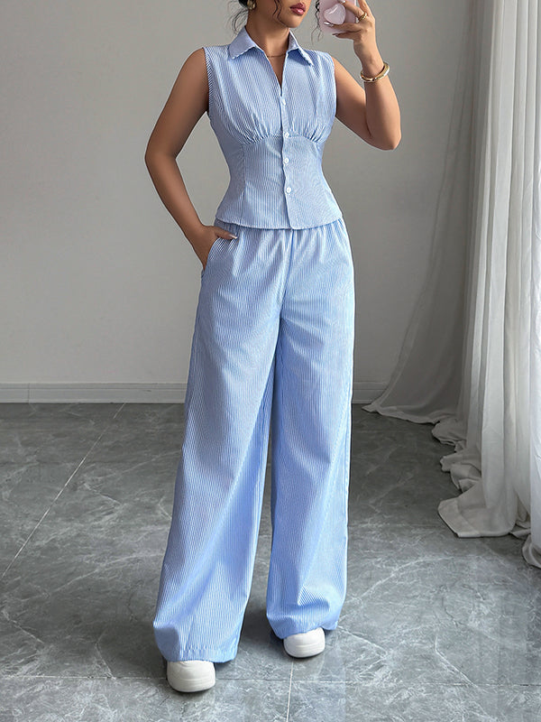 Sleeveless Buttoned Contrast Color Striped Lapel Vest Top + Pleated Pockets Pants Bottom Two Pieces Set