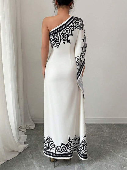 Batwing Sleeves Loose Asymmetric Elasticity Flower Print Pleated One-Shoulder Maxi Dresses