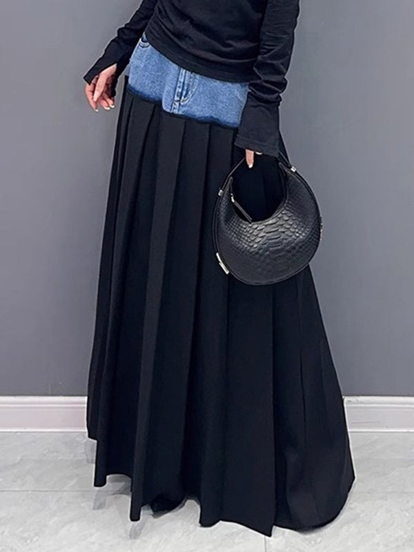 A-Line High Waisted Contrast Color Pleated Split-Joint Skirts Bottoms