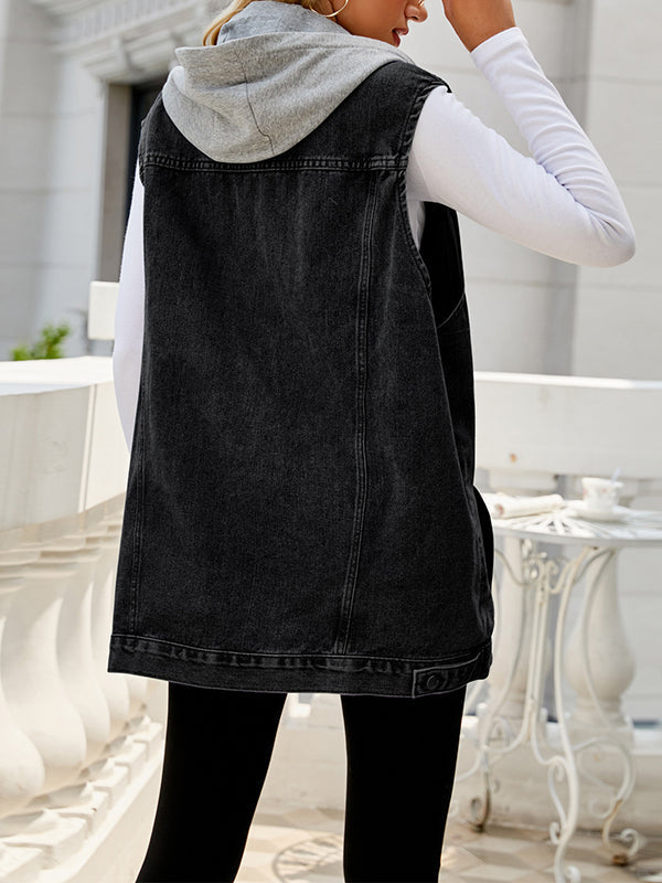 Loose Sleeveless Buttoned Detachable Drawstring Hooded Pockets Split-Joint Polo Vest Outerwear