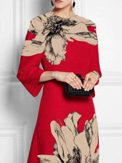 Loose Three-Quarter Sleeves Contrast Color Flower Print Round-Neck Midi Dresses
