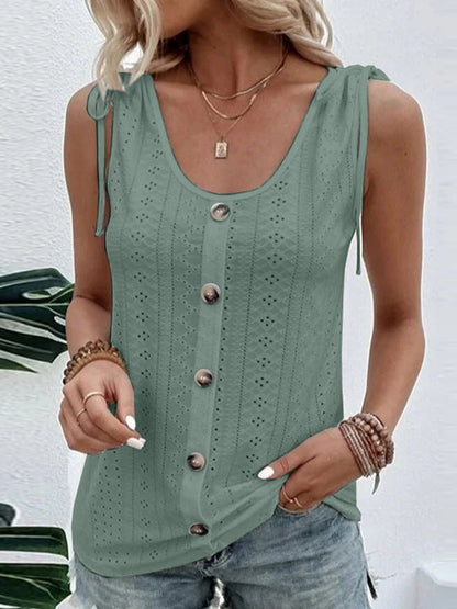 Loose Plus Size Buttoned Hollow Pleated Split-Joint Tied U-neck Vest Top