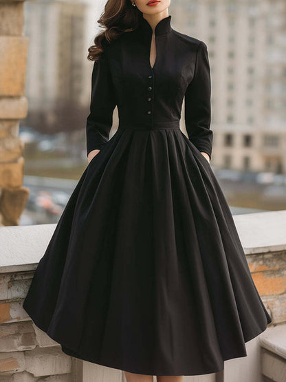A-Line High Waisted Buttoned Pleated Pockets Solid Color Stand Collar Midi Dresses