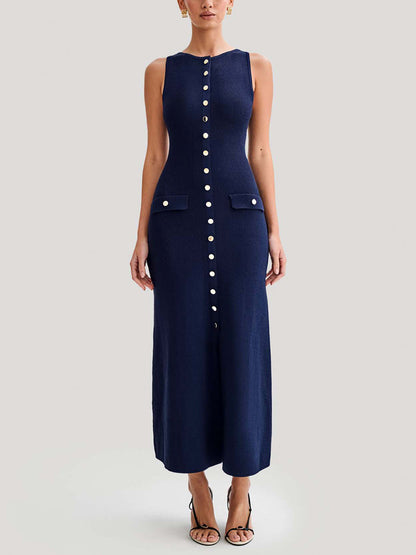 Solid Color Buttoned Sleeveless Bodycon Round-neck Midi Dresses