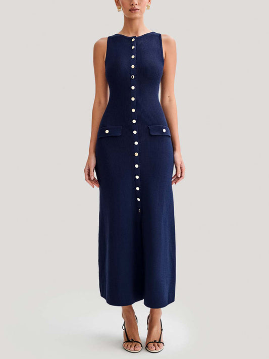 Solid Color Buttoned Sleeveless Bodycon Round-neck Midi Dresses