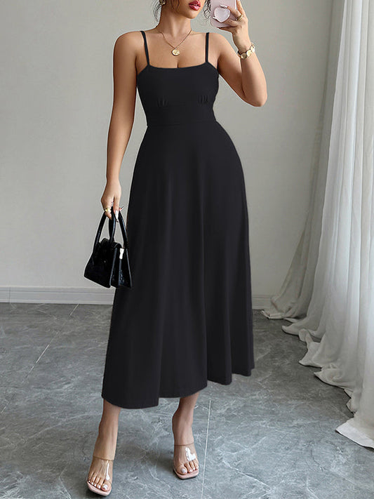 A-Line High Waisted Backless Pleated Solid Color Spaghetti-Neck Midi Dresses