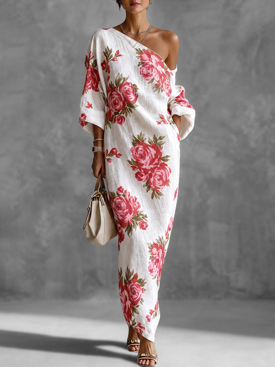Pockets Flower Print Three-quarter Sleeves H-line One-shoulder Maxi Dresses