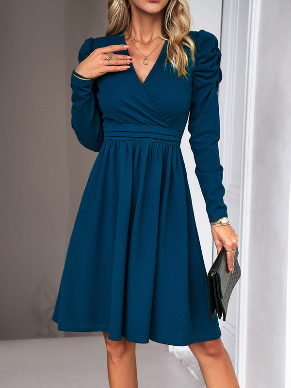 Puff Sleeves Skinny Pleated Solid Color Split-Joint V-Neck Midi Dresses