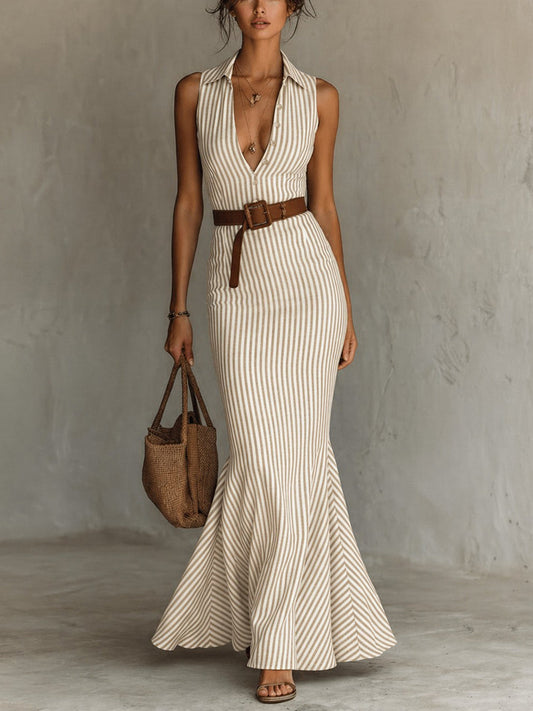 Bodycon Mermaid Belted Striped Deep V-Neck Maxi Dresses