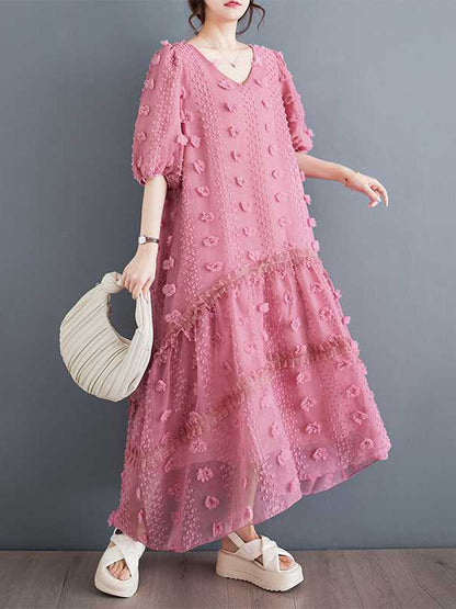 A-Line Half Sleeves Elasticity Jacquard Solid Color Split-Joint V-Neck Midi Dresses