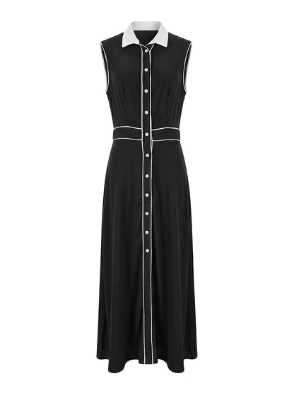 A-Line High Waisted Buttoned Contrast Color Pockets Split-Joint Lapel Maxi Dresses