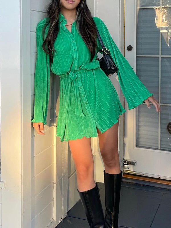 Long Sleeves Loose Buttoned Solid Color Tied Waist Lapel Mini Dresses
