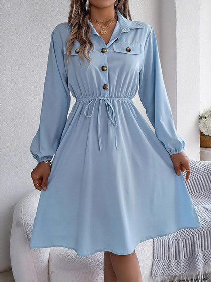 A-line Long Sleeves Buttoned Pleated Solid Color Tied Lapel Midi Dresses Shirt Dress