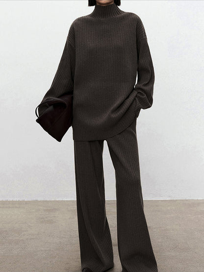 Solid Color High-Neck Long Sleeves Sweater Top + Wide Leg Pants Bottom Two Pieces Set