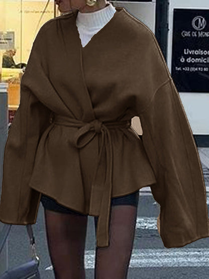 Long Sleeves Loose Solid Color Tied Waist V-Neck Outerwear