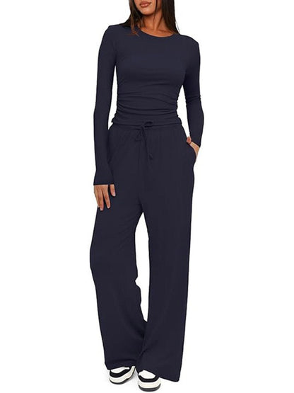 Solid Color Pleated Round-Neck T-Shirts Tops +  Elasticated Waist High Waisted Drawstring Pants Two Pieces Set
