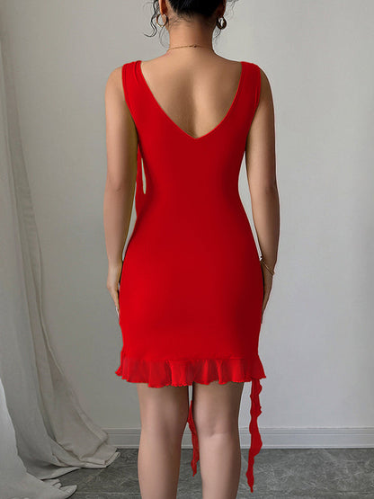 Bodycon High Waisted Pleated Solid Color V-Neck Mini Dresses