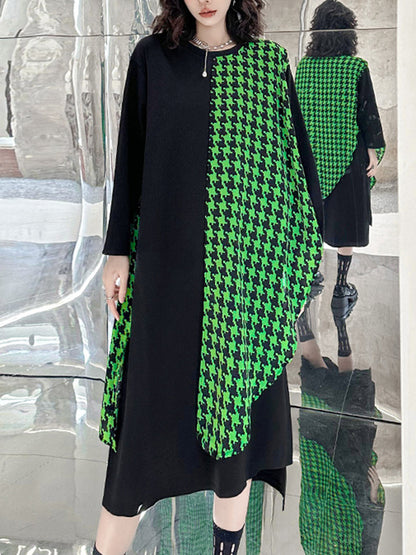 A-Line Long Sleeves Asymmetric Contrast Color Houndstooth Split-Joint Round-Neck Midi Dresses