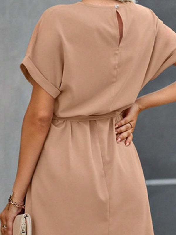 Loose Short Sleeves Solid Color Tied Waist Round-Neck Mini Dresses