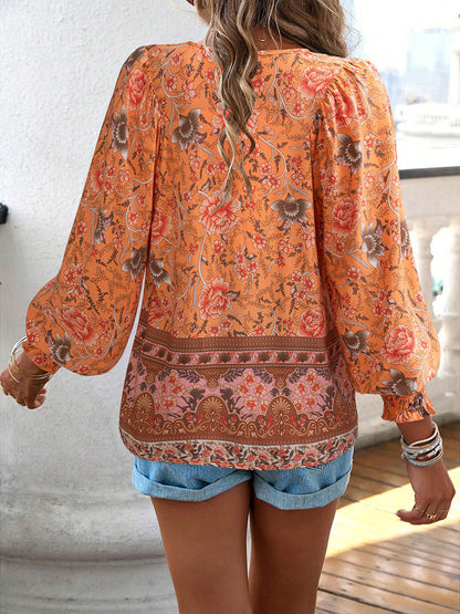 Long Sleeves Loose Contrast Color Drawstring Flower Print Pleated Split-Joint V-Neck Blouses&Shirts Tops