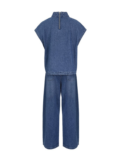 High Waisted Loose Pockets Solid Color Mock Neck Suits Vest Top + Pants Bottom Two Pieces Set