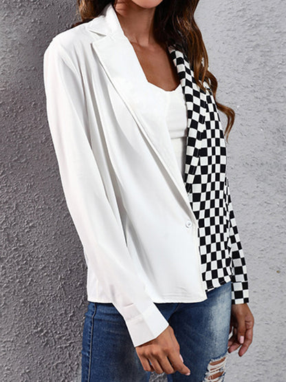 Long Sleeves Loose Checkerboard Contrast Color Split-Joint Lapel Blouses
