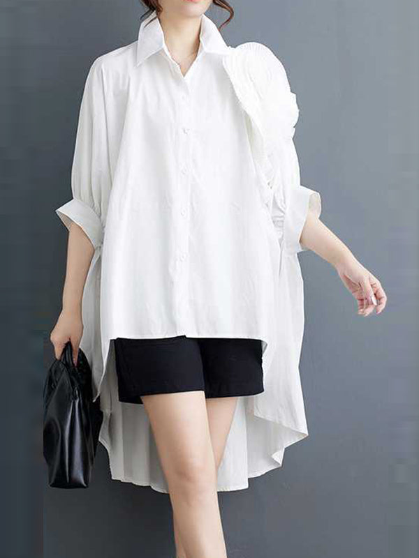 Batwing Sleeves Half Sleeves Asymmetric Buttoned Pleated Solid Color Three-Dimensional Flower Lapel Blouses&Shirts Tops