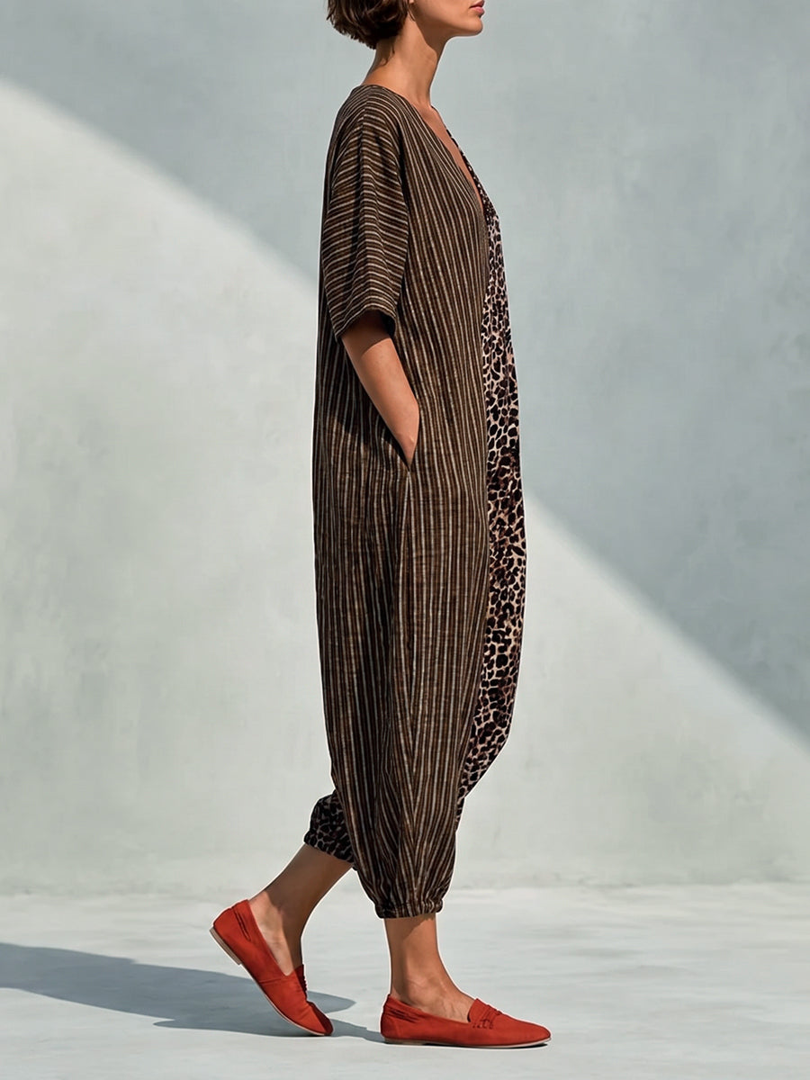 Striped Split-Joint Pockets Leopard Loose Half Sleeves V-neck Jumpsuits