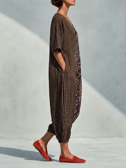 Striped Split-Joint Pockets Leopard Loose Half Sleeves V-neck Jumpsuits