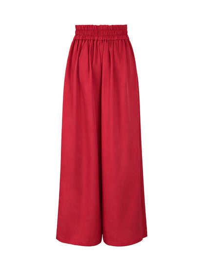 Elasticated Waist High Waisted Big Hemline Pleated Pockets Solid Color Zipper Wide Leg Pants