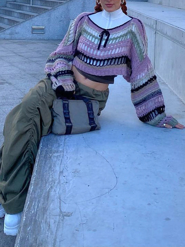 Long Sleeves Loose Drawstring Hollow Split-Joint Round-Neck Sweater Tops