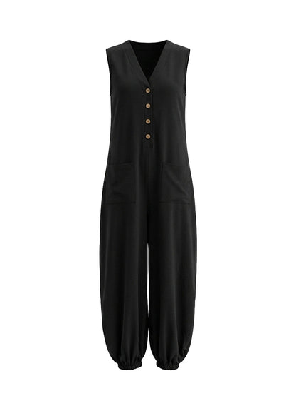 Sleeveless Wide Leg Buttoned Pockets Solid Color V-Neck Jumpsuits