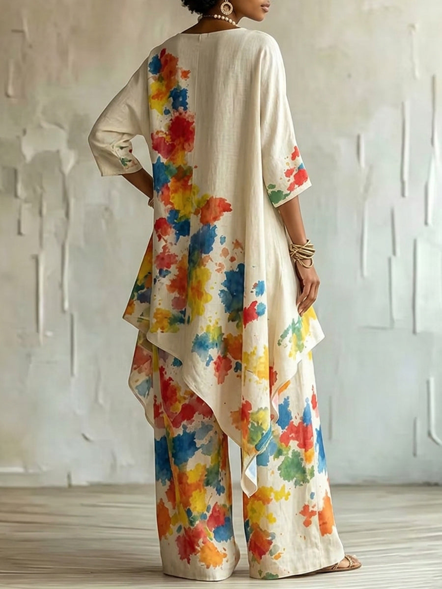 High-Low Loose Asymmetric Contrast Color Printed Boat Neck Blouses&Shirts Tops