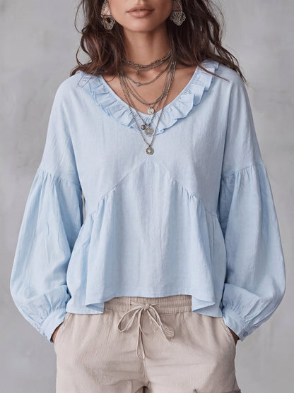 Long Sleeves Loose Pleated Ruffle Trim Solid Color Split-Joint Deep V-Neck Blouses&Shirts Tops