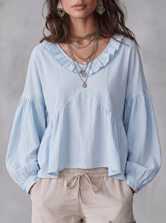 Long Sleeves Loose Pleated Ruffle Trim Solid Color Split-Joint Deep V-Neck Blouses&Shirts Tops